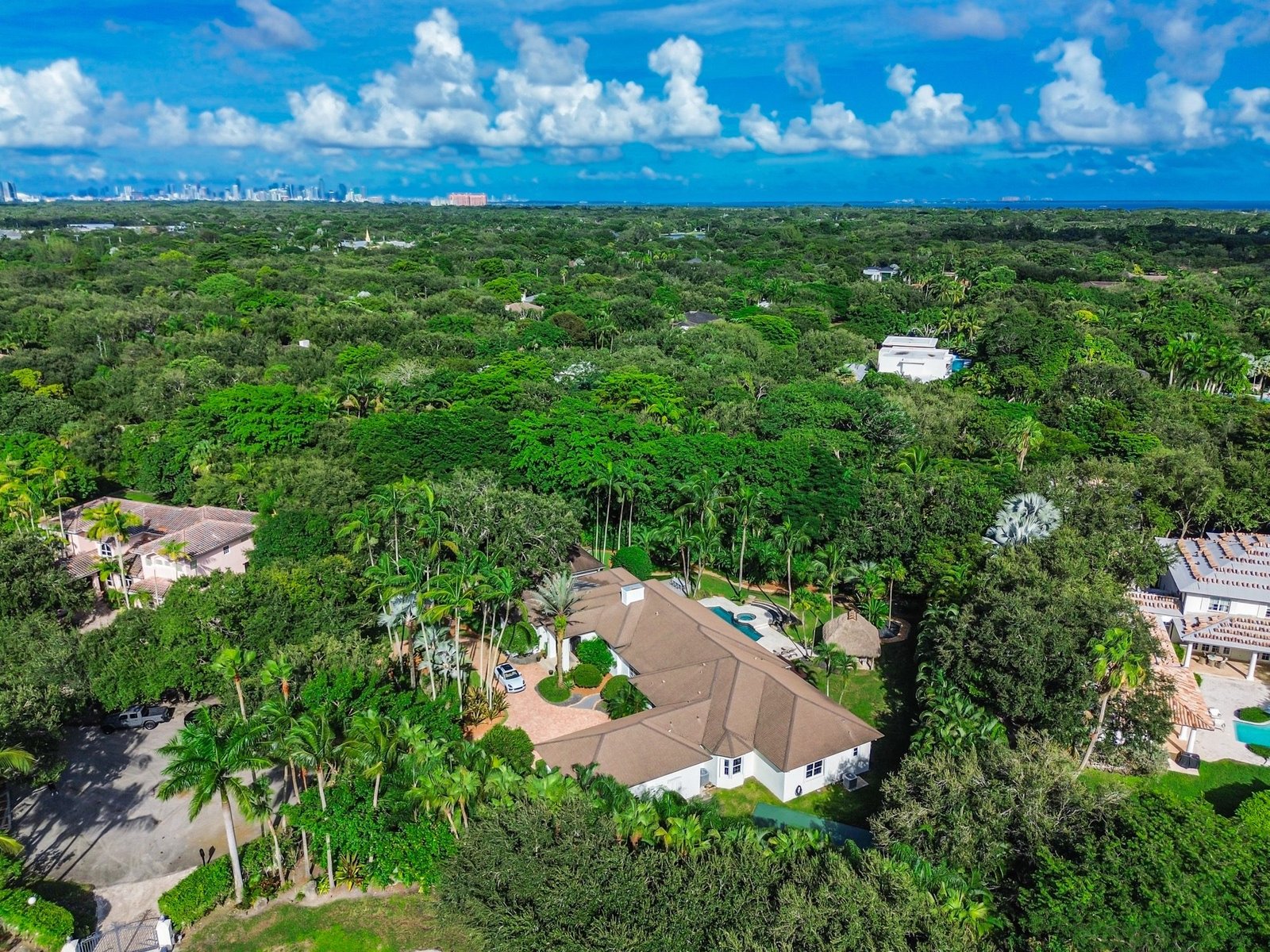Wide aerial over Pinecrest toward the Miami skyline
