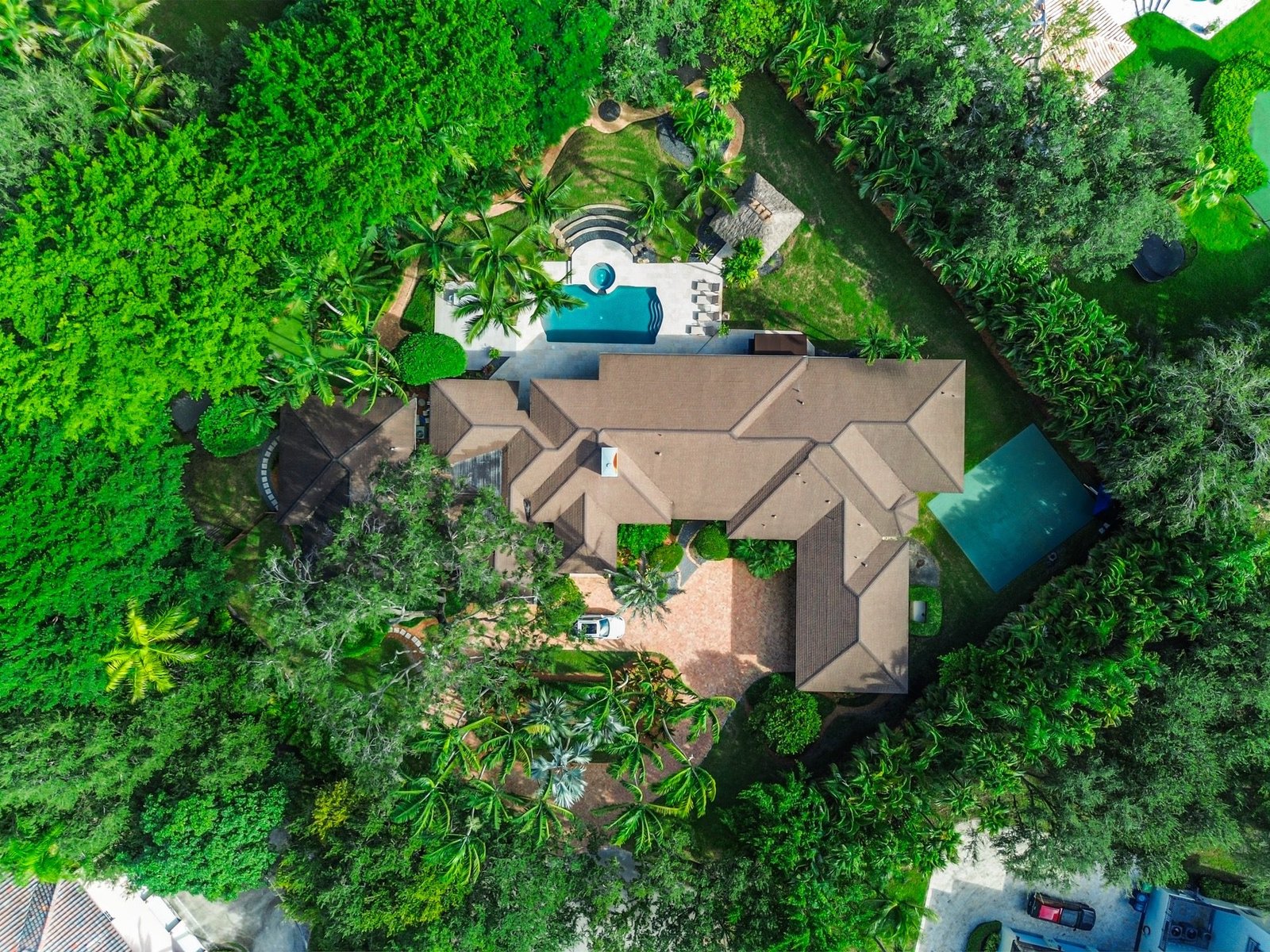 Overhead aerial showing the full 0.94 acre lot, pool, tiki hut and surrounding tree canopy